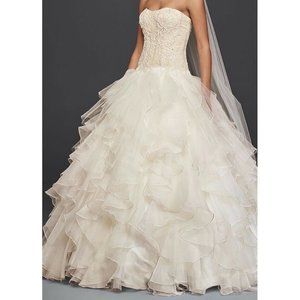 Oleg Cassini Strapless Tiered Ruffled Skirt Ivory Wedding Dress SZ 14